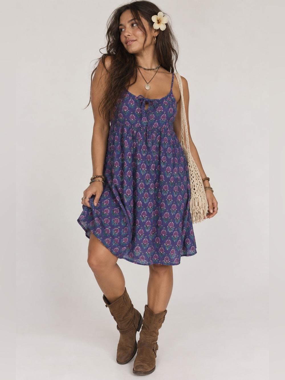 Oysho Womens Dress Small Purple Flower Tie Front 100% Cotton